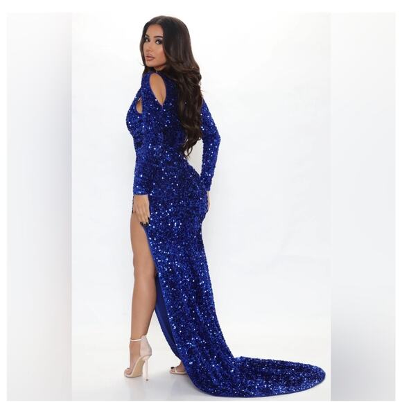 Fashion Nova Royal Blue Jaw Dropper Sequin Maxi Dress Size Large Long Sleeves - Picture 3 of 7